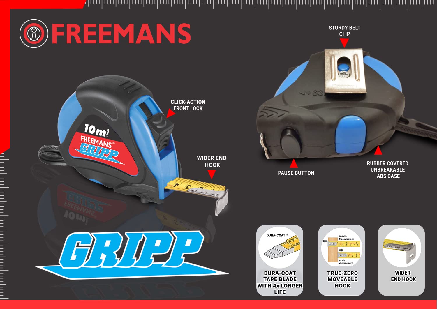 Freemans Gripp 10MX25mm Steel Pause Plus Lock Measuring Tape