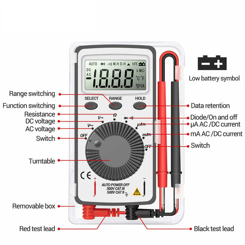 Multimeter: Mini Digital Pocket Meter Tester (White) with Plastic Case