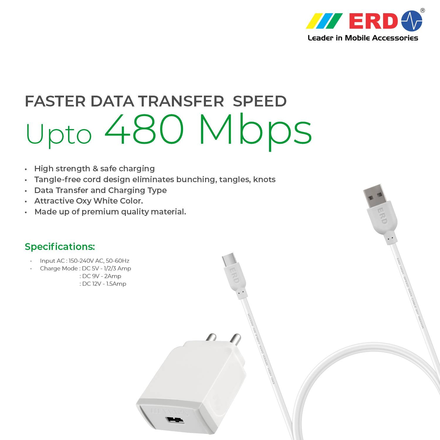 ERD: TC-31 5V 3A USB Adapter With Type-C USB Cable (Fast Mobile Charger)