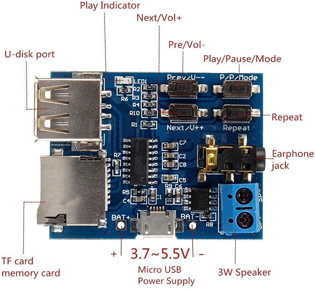 TF Card U Disk MP3 Format Decoder Board Module/Audio Player