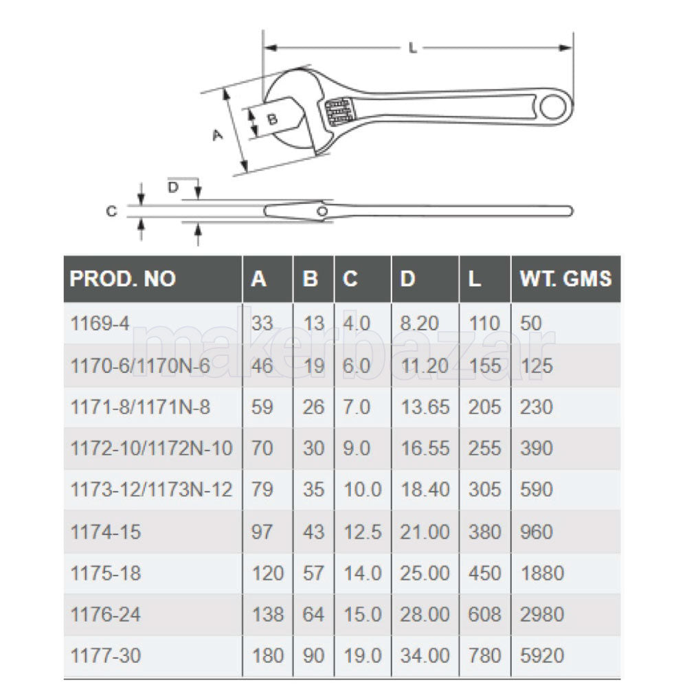 Taparia: 1171N-8 Single Sided Open End Adjustable Spanner Wrench 205mm/8inch