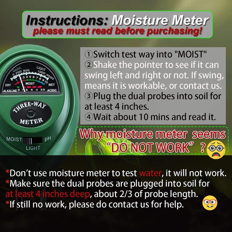 Three Way Soil Meter For Moisture, Light Intensity and pH Testing Meter