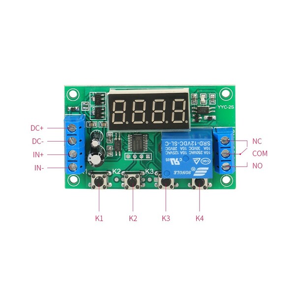 DC 12V 5A YYC-2S Adjustable 4 Digit LED Delay Relay Module Timer Control Switch Board (Green)