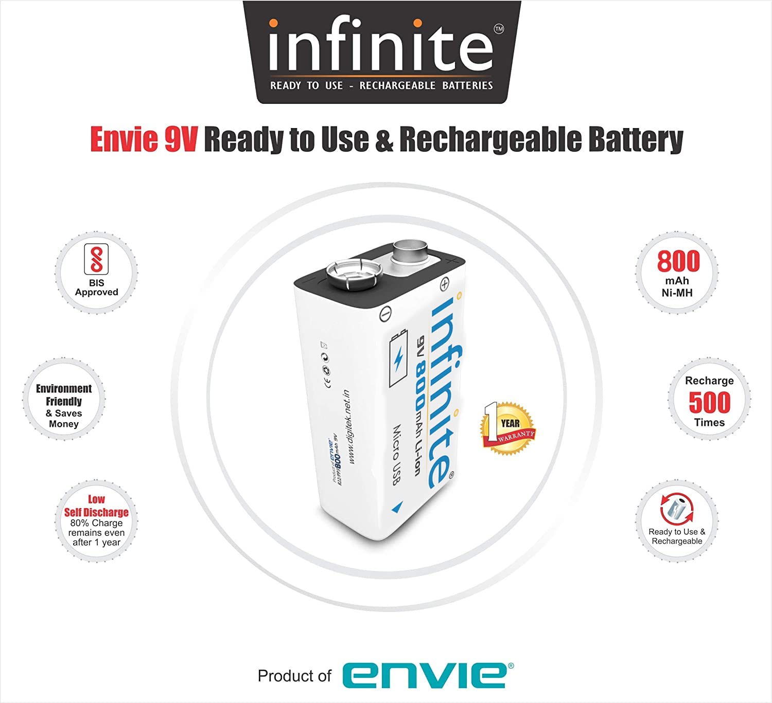 Envie: Infinite ERB-9V-MU 9volt 800mAh USB Rechargeable Li-ion Battery