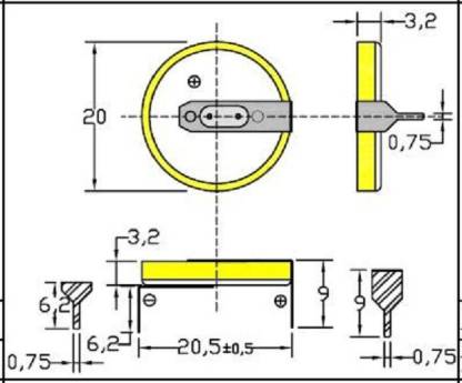 [Type 1] CR2032 3V Non Rechargeable Lithium Coin Cell with 2 Solder Tabs (PCB Mountable)