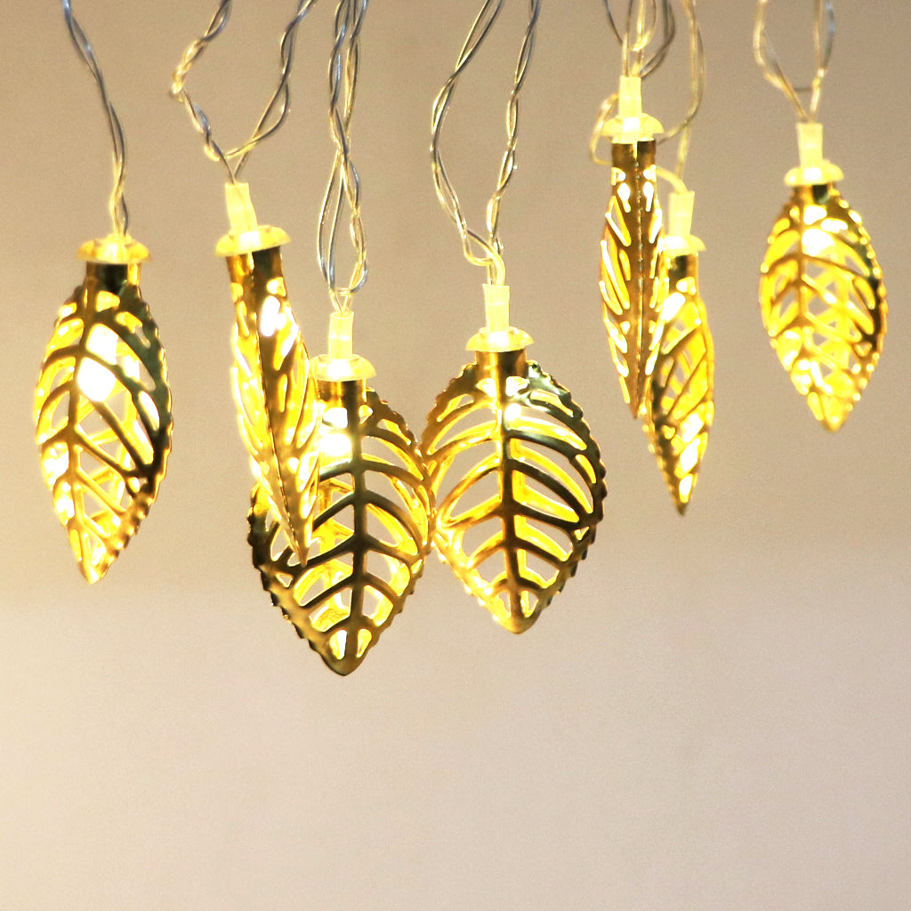 Shape Metal String Metal Leaf Shape 14 LED Golden String Lights