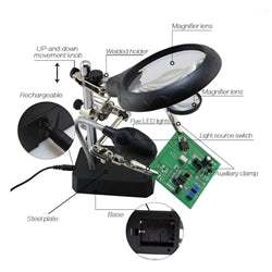 [Type 2] Big Helping Hand With 5 led, Magnifier Lens ,Auxilary Clip Lens, USB/Battery Powered and Soldering Iron Stand
