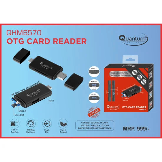 Quantum: QHM6570 3 in 1 SD Card Reader | USB Type C, USB 3.0 and Micro USB, OTG, Memory Card