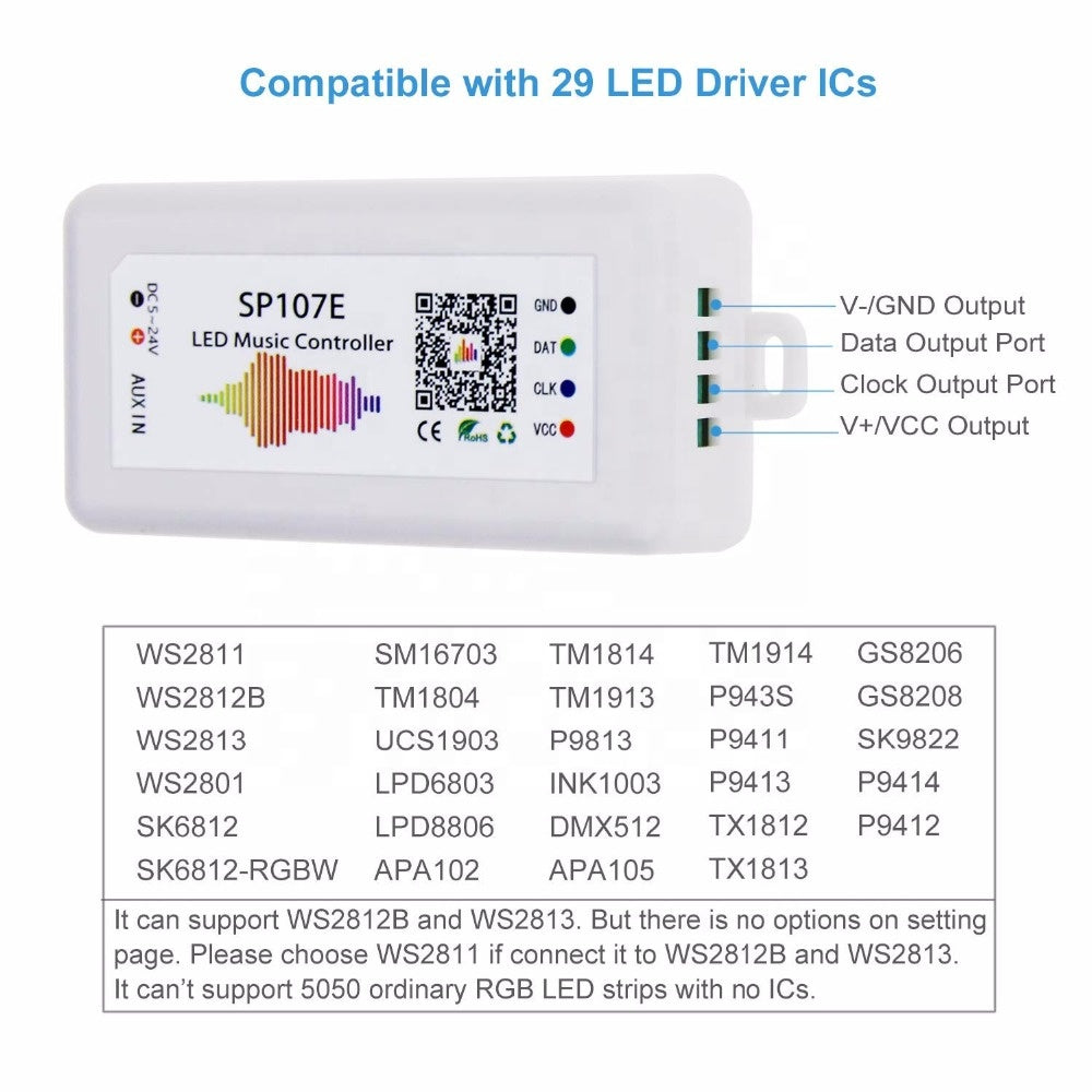 DC5-24V WiFi/Bluetooth SPI Music Spectrum Controller For Addressable WS2812B SK6812 LED Strip Lights